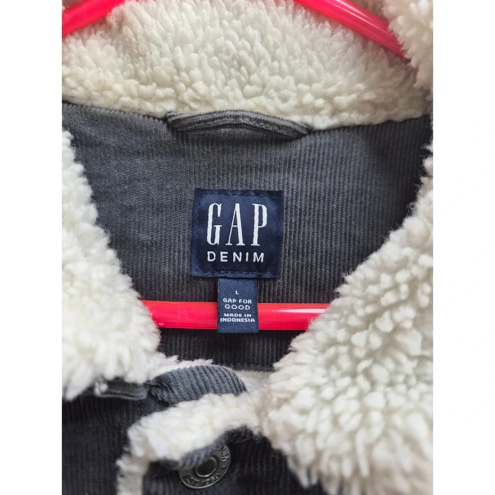Gap for Good Corduroy Trucker Jacket Men Large Charcoal Gray Sherpa Lined Collar